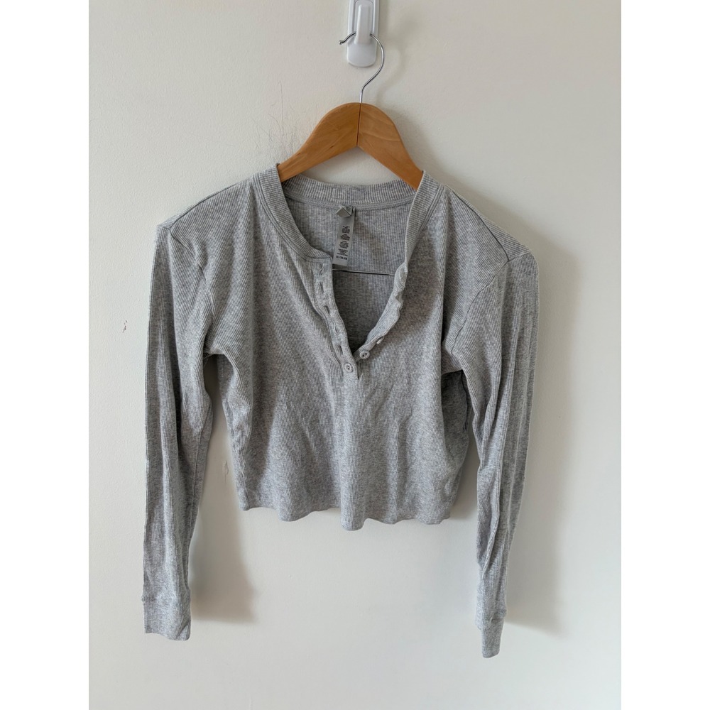 SKIMS Cotton Rib Henley Long Sleeve Crop Top Heather Grey XL
